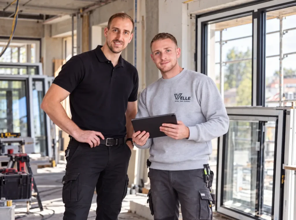 André Velle (Fensterbau Velle) und Nico Contopidis (Conto IT) mit WinFlow360 auf dem Tablet
