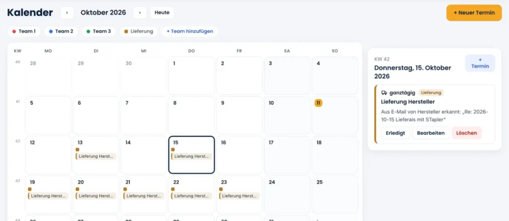 WinFlow360: Kalender mit Teams und Lieferterminen