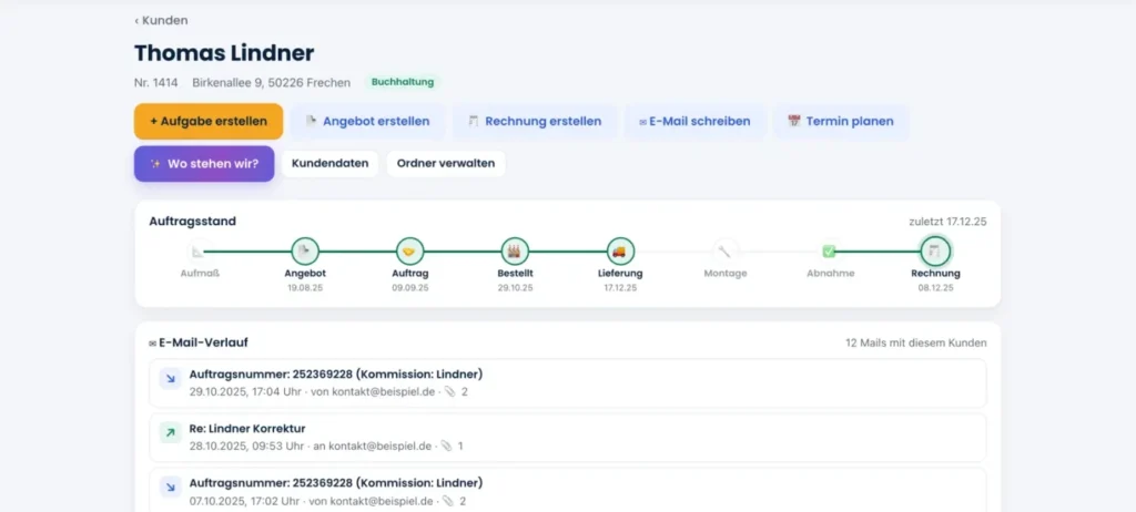 WinFlow360: Kundenakte mit Auftragsstand und E-Mail-Verlauf